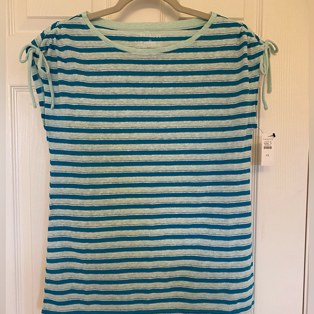 NWT women’s linen blend striped Talbots top size XS, blue, white and silver